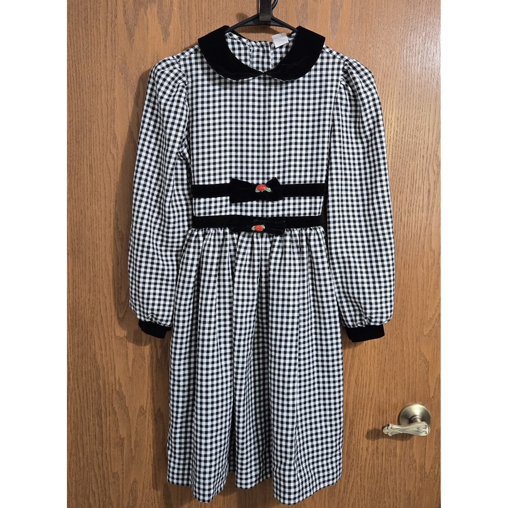 Girls Black & White Gingham Check Pattern Dress Black Velvet Collar Flower Sz 12